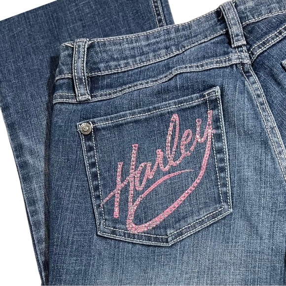 Harley-Davidson Denim - Harley Davidson Boot Cut Contoured Jeans in Dark Wash Size 6 Rhinestone Sequence